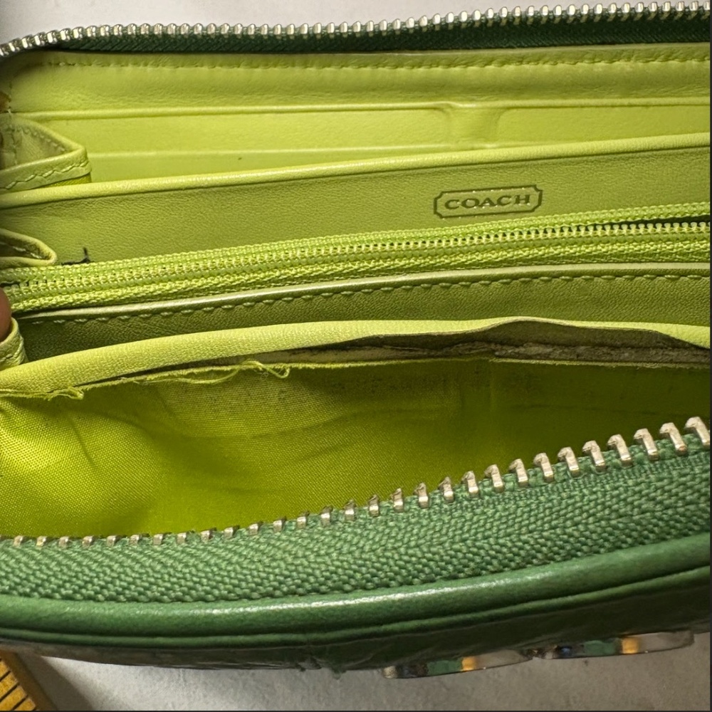 Coach Op Art Long Wallet Leather Green Silver Metal Fittings Round Zipper - Picture 12 of 15